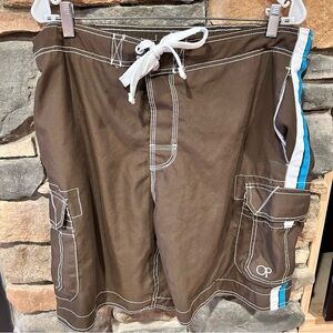 OP Men's Brown Swim Shorts‎ with Blue Stripe